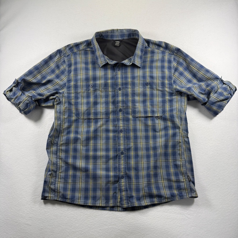 REI Co-op Mens XL Blue Plaid Vented Shirt Hiking Fishing w/ Roll Up Sleeve Tabs